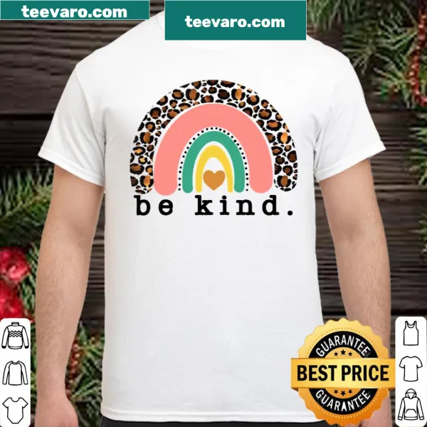 Boho design youth shirt featuring a leopard and rainbow with 'Be Kind' text