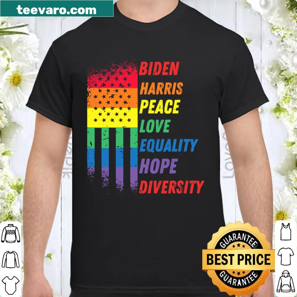 Novelty tee with rainbow American flag and Biden Harris illustration