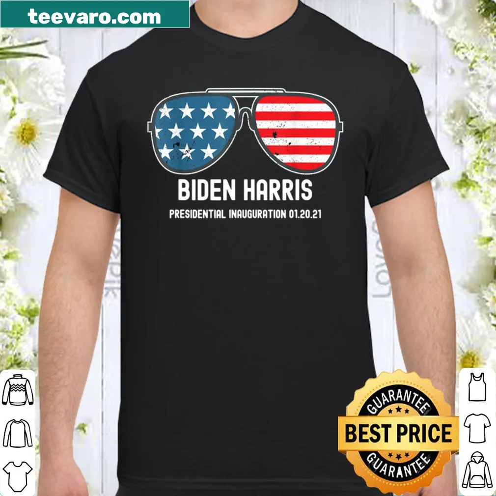 Distressed flag t-shirt featuring Biden Harris and sunglasses graphic