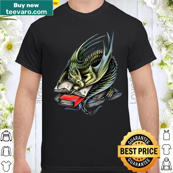 Cute illustration of a dragon reading a book on a fun shirt