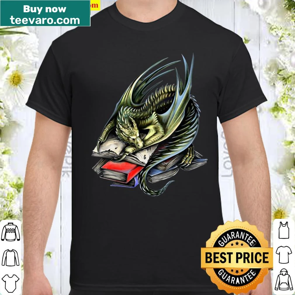 Cute illustration of a dragon reading a book on a fun shirt