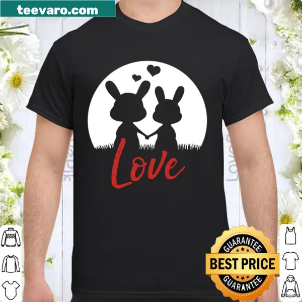 Cute shirt featuring cartoon bunnies in love against a sunset
