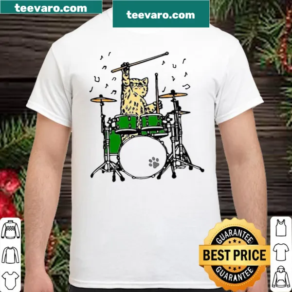 Shirt featuring an illustration of a cat playing drums