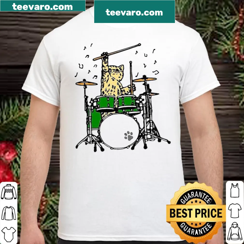 Shirt featuring an illustration of a cat playing drums
