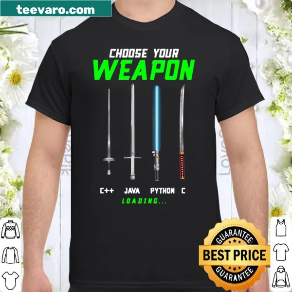 Coder t-shirt featuring a sword and programming language icons