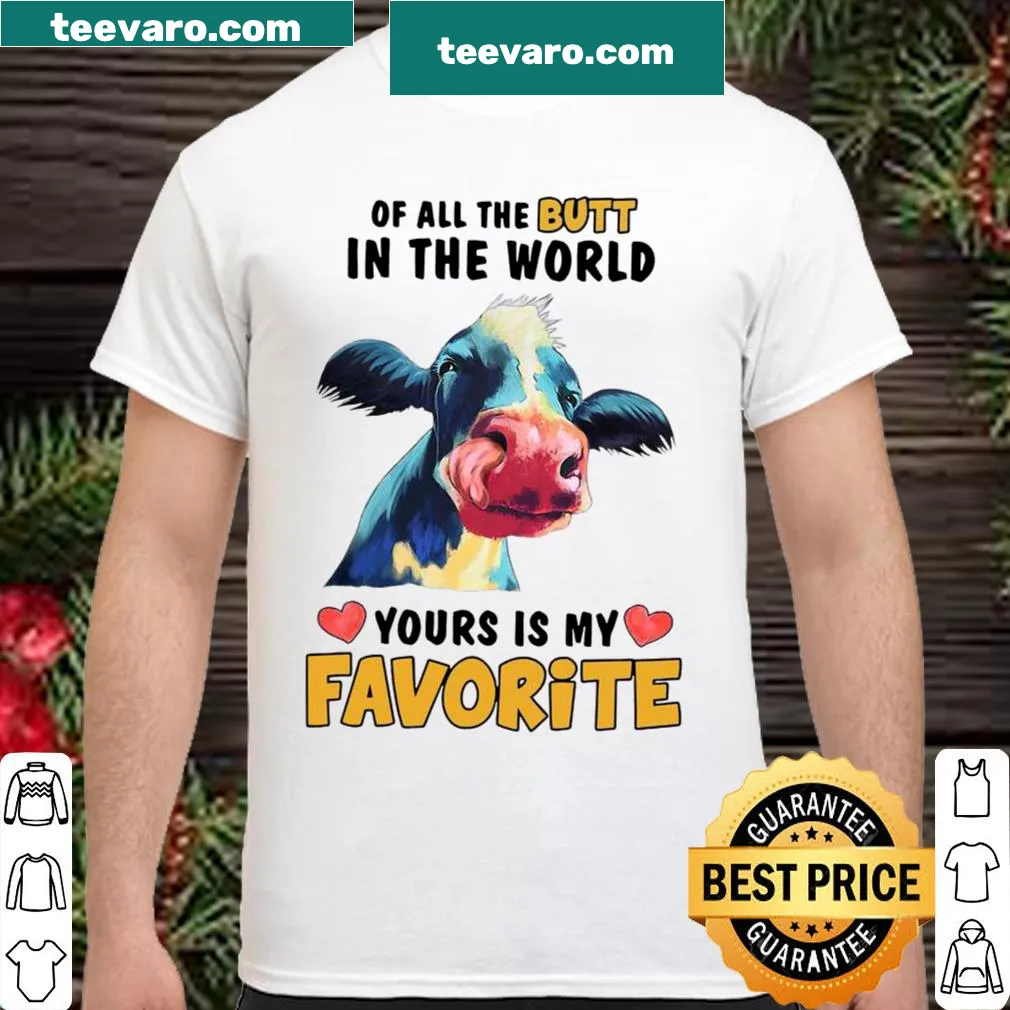 Shirt with a humorous cow illustration and playful text