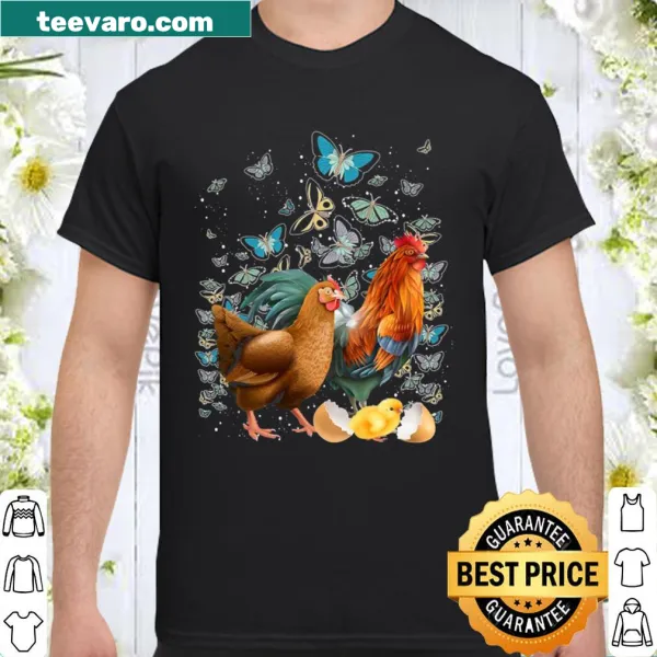 Illustrated farm animal T-shirt featuring a rooster and butterflies