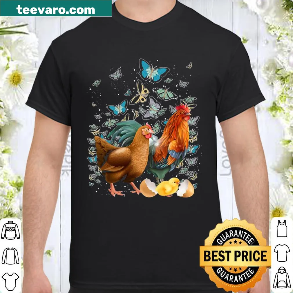 Illustrated farm animal T-shirt featuring a rooster and butterflies