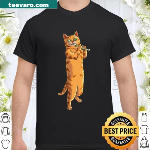 Cartoon cat playing a recorder, humorous design for cat lovers