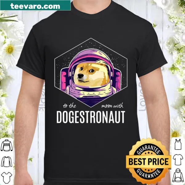 Cartoon dog astride a rocket graphic on a crypto-themed shirt