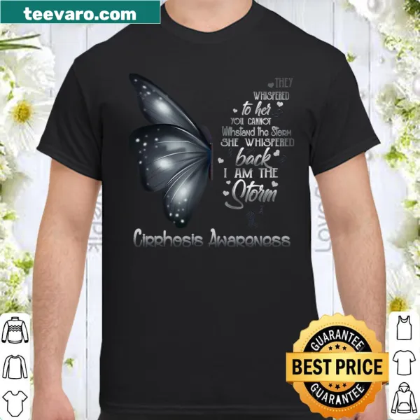 Illustrative shirt featuring a butterfly and cirrhosis awareness message