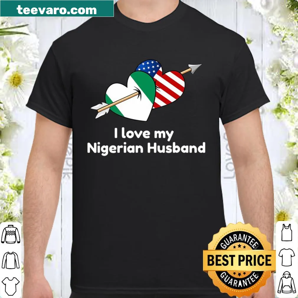Cultural pride shirt with Nigerian and USA flags and heart design.
