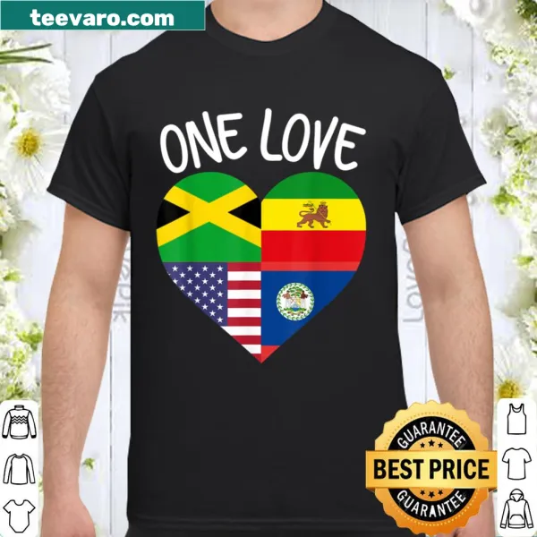 Shirt featuring Jamaican, Belizean, Ethiopian, and American flags