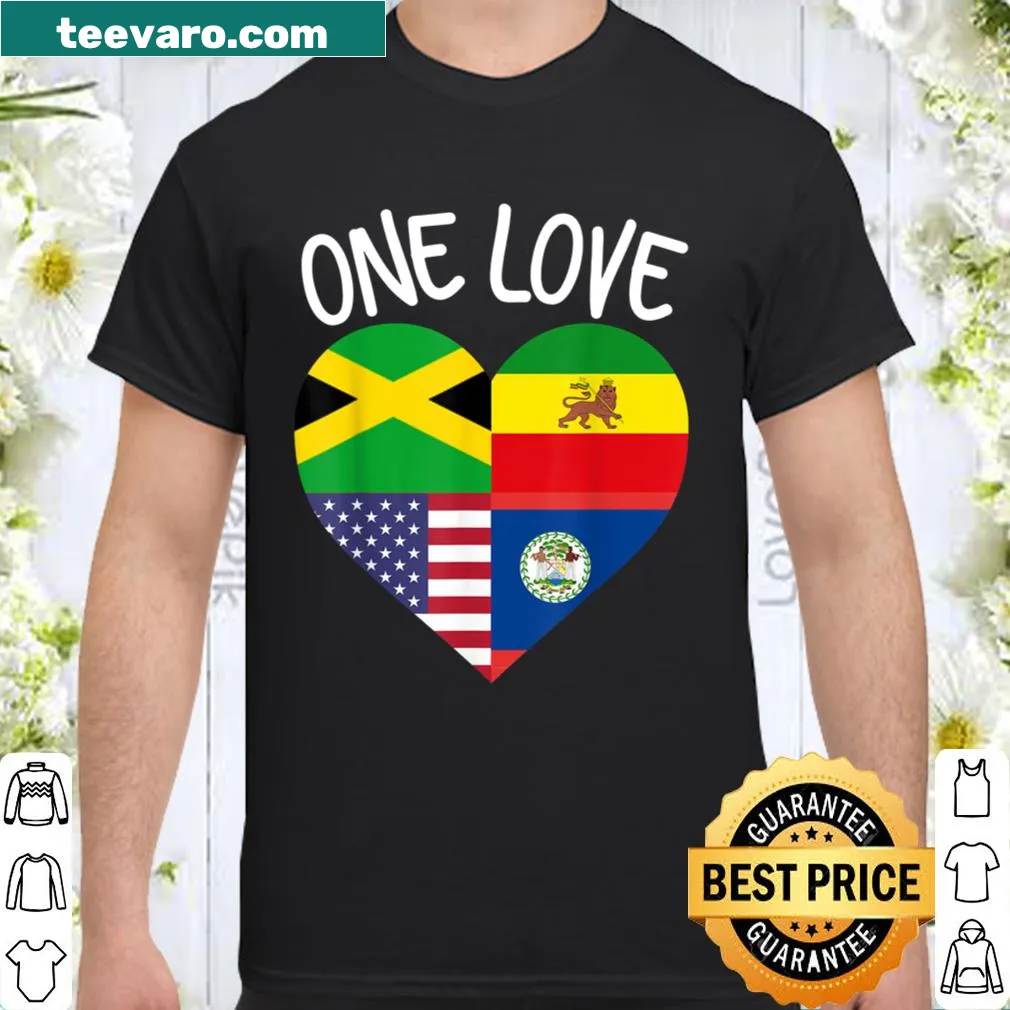 Shirt featuring Jamaican, Belizean, Ethiopian, and American flags
