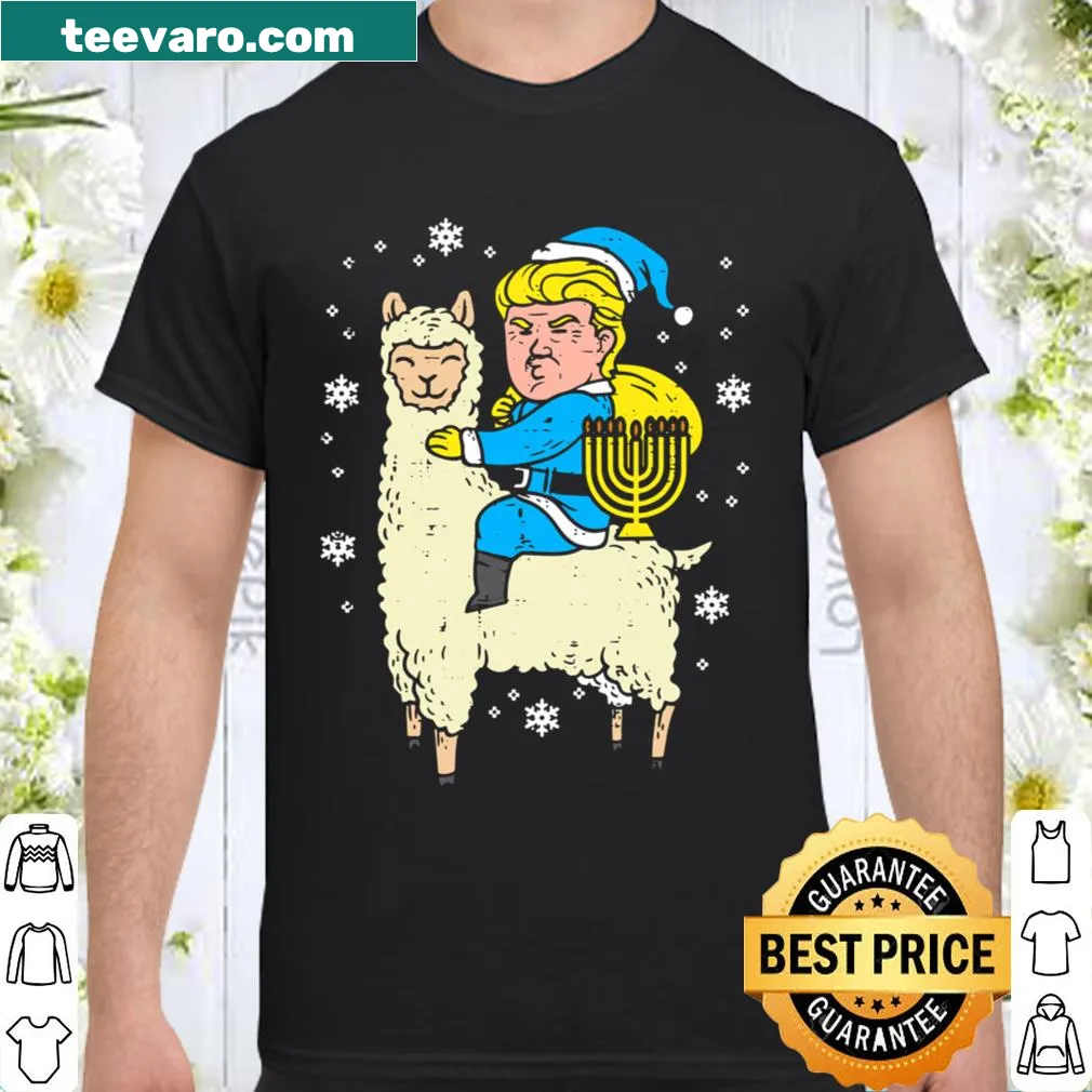 Cartoon Trump riding a llama with menorah, festive Hanukkah design