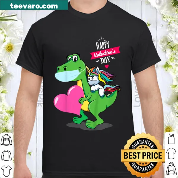 Valentine's shirt with a unicorn riding a T-rex and candy hearts