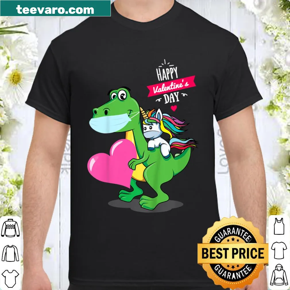Valentine's shirt with a unicorn riding a T-rex and candy hearts