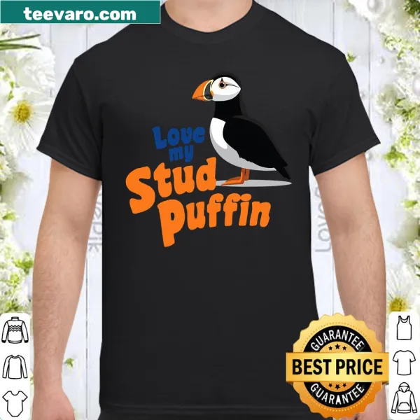 Cute puffin illustration with text 'Love My Stud' on a couples shirt