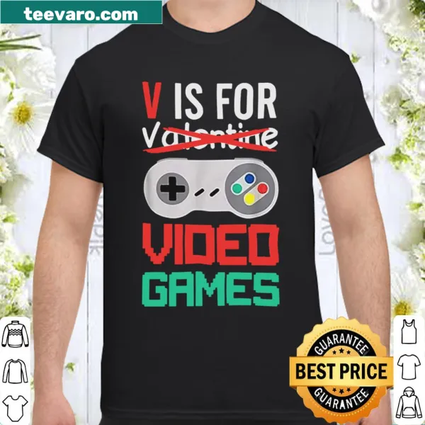 Graphic tee featuring a V design with gaming elements.