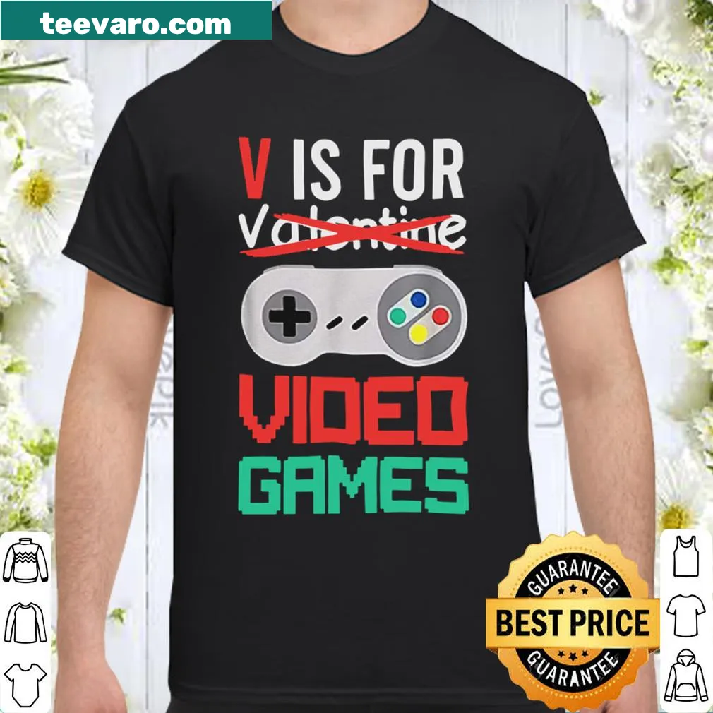 Graphic tee featuring a V design with gaming elements.