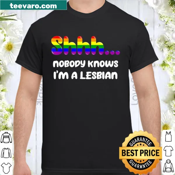 Text design saying Nobody Knows I'm A Lesbian with rainbow accents