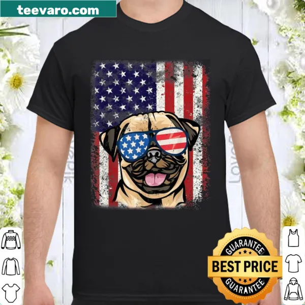 Pug illustration on shirt with American flag design, perfect for dog lovers