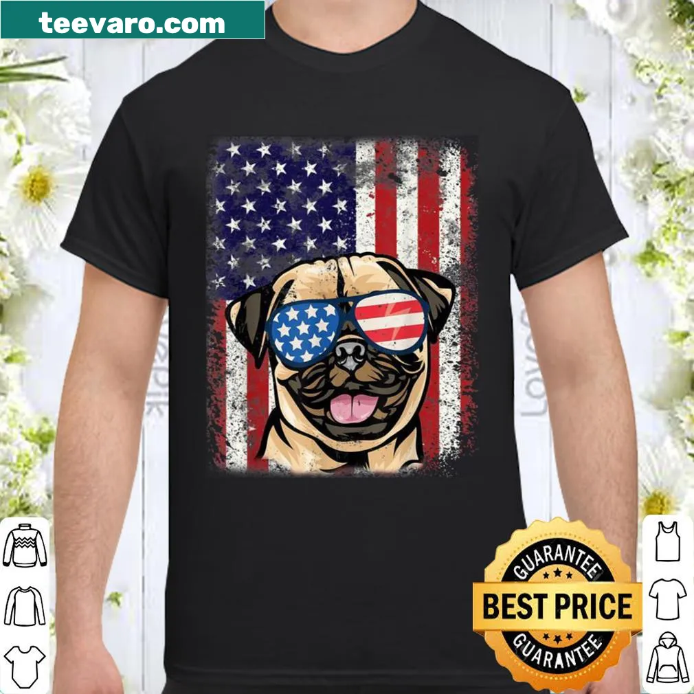 Pug illustration on shirt with American flag design, perfect for dog lovers