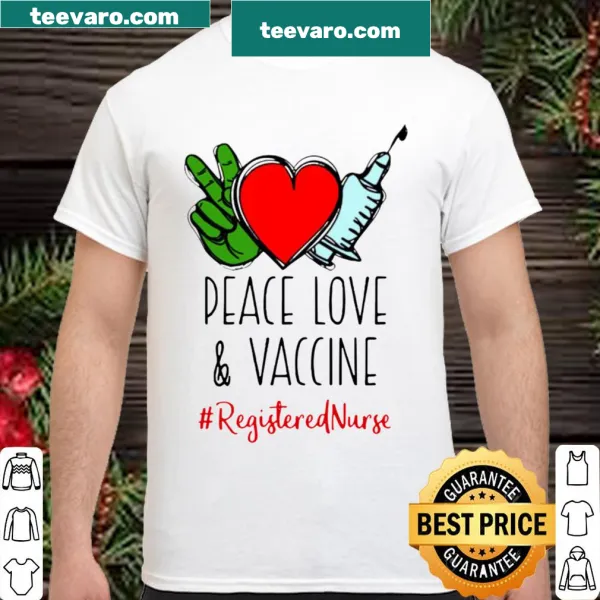 Illustrated shirt with heart, peace symbol, and vaccine message for nurses
