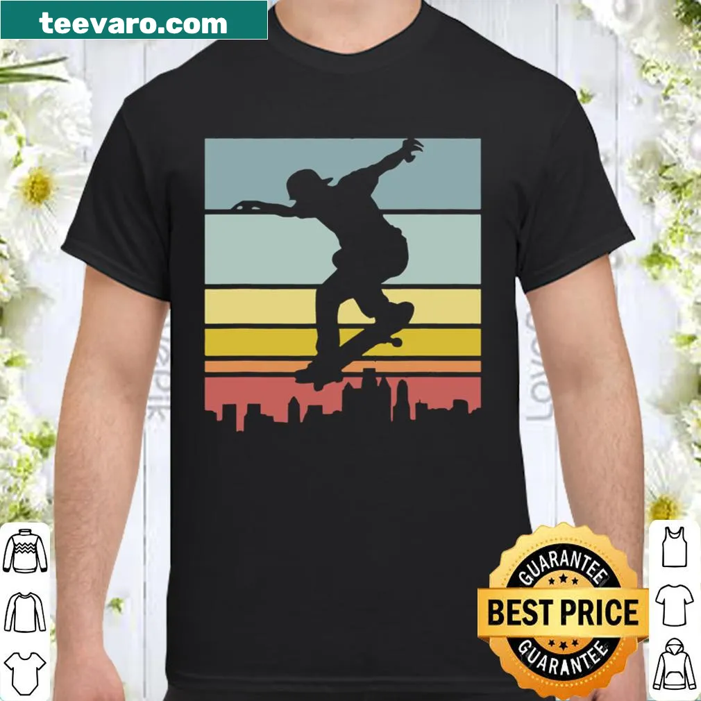 Vintage-style skateboarder t-shirt with retro city sunset graphic