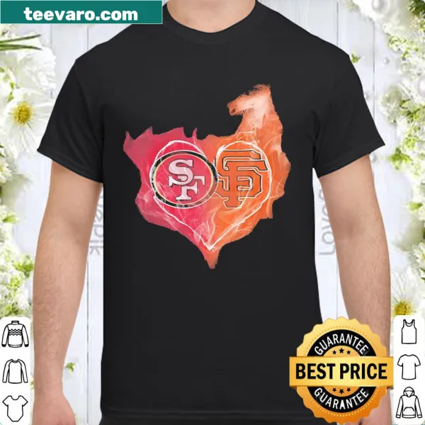 Fiery heart graphic representing San Francisco 49ers and Giants on a vintage tee.