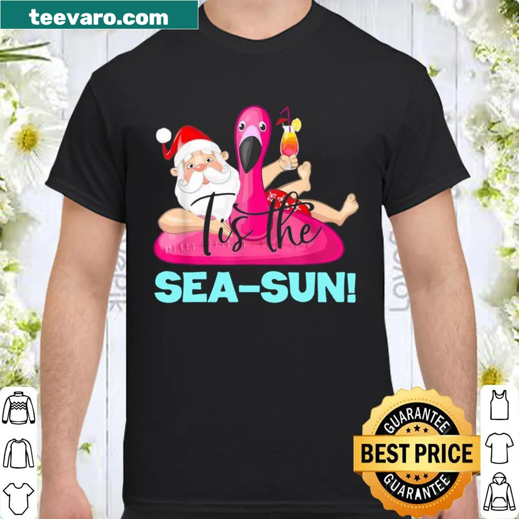 Cartoon Santa on a flamingo float, representing Christmas in July