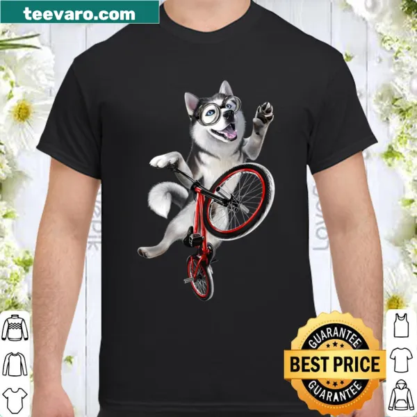 Playful shirt with cartoon Siberian Husky dog riding a bicycle