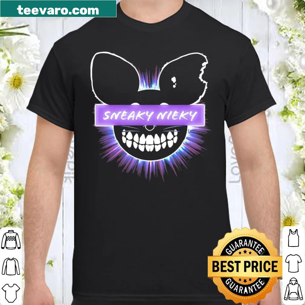 Violet glow Sneakynieky logo on a vintage-inspired shirt
