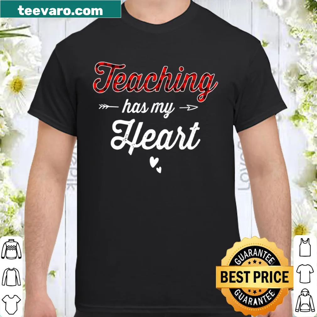 Cute teacher shirt with buffalo plaid and heart design.