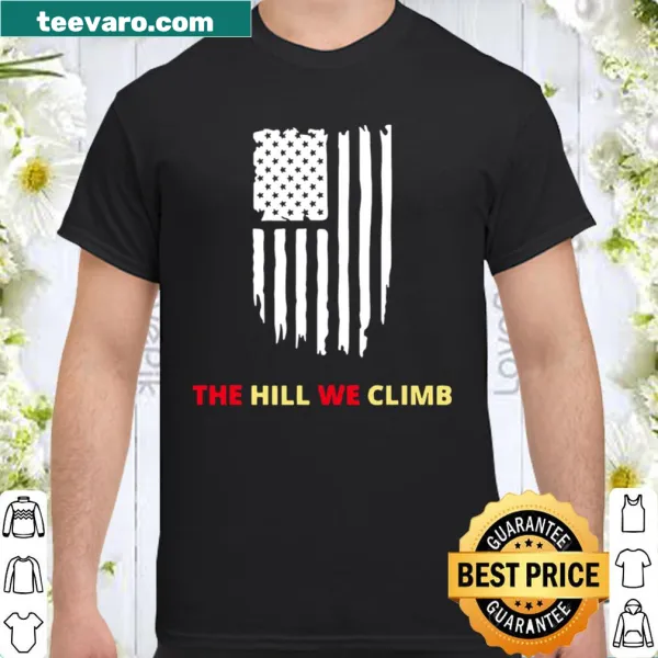 Distressed USA flag shirt featuring text from 'The Hill We Climb'.
