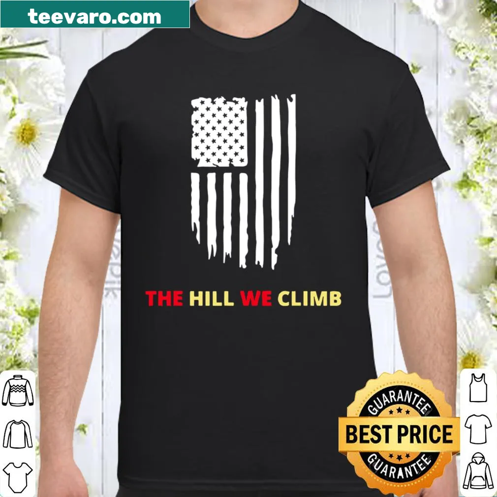 Distressed USA flag shirt featuring text from 'The Hill We Climb'.