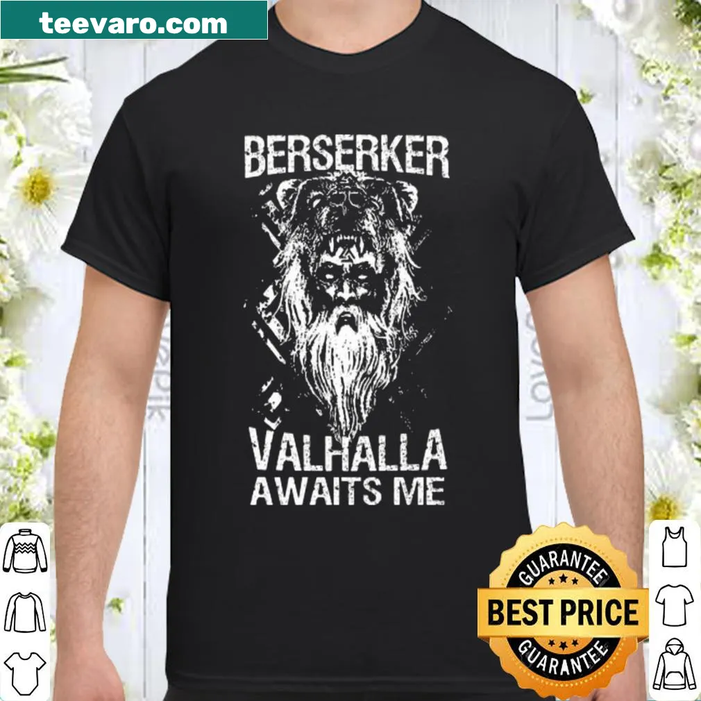 Viking logo shirt with 'Valhalla Awaits' text