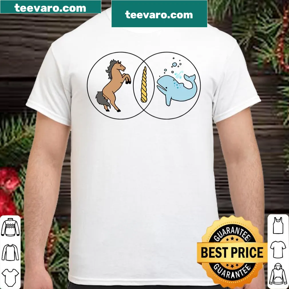 Graphic shirt featuring a Venn diagram of unicorn and narwhal with text