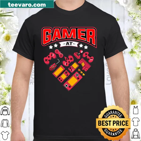 Video Gamer At Heart shirt with bold text