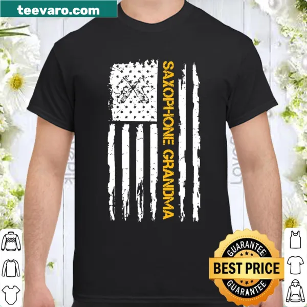 Vintage-style Saxophone Grandma t-shirt with USA flag and saxophonist graphic