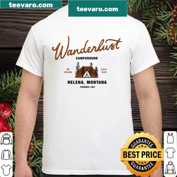 Shirt with 'Wanderlust Campground' text, evoking adventure and nature