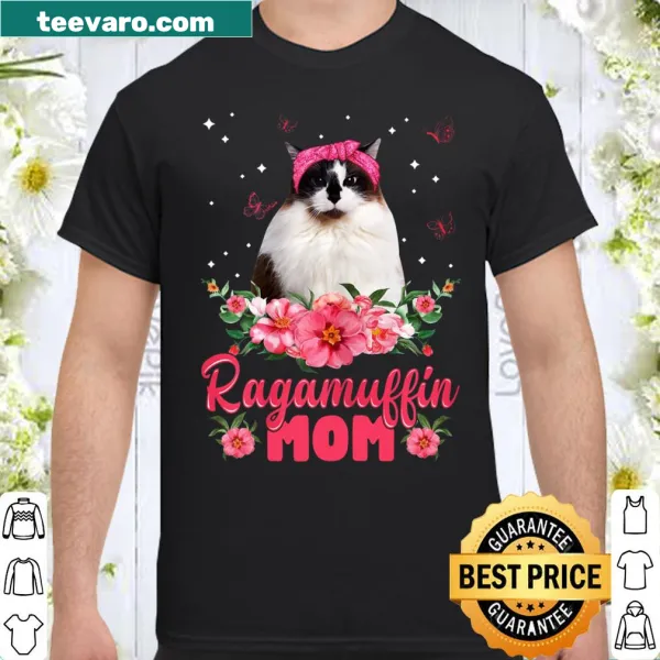 Cat Mom shirt with floral accents and Ragamuffin cat graphic