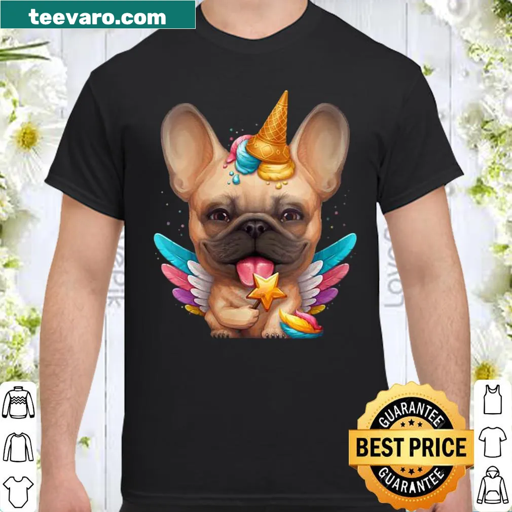Cute illustration of a Fawn French Bulldog with ice cream and unicorn