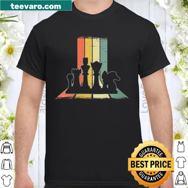 Vintage-style shirt featuring retro chess pieces and sunset design