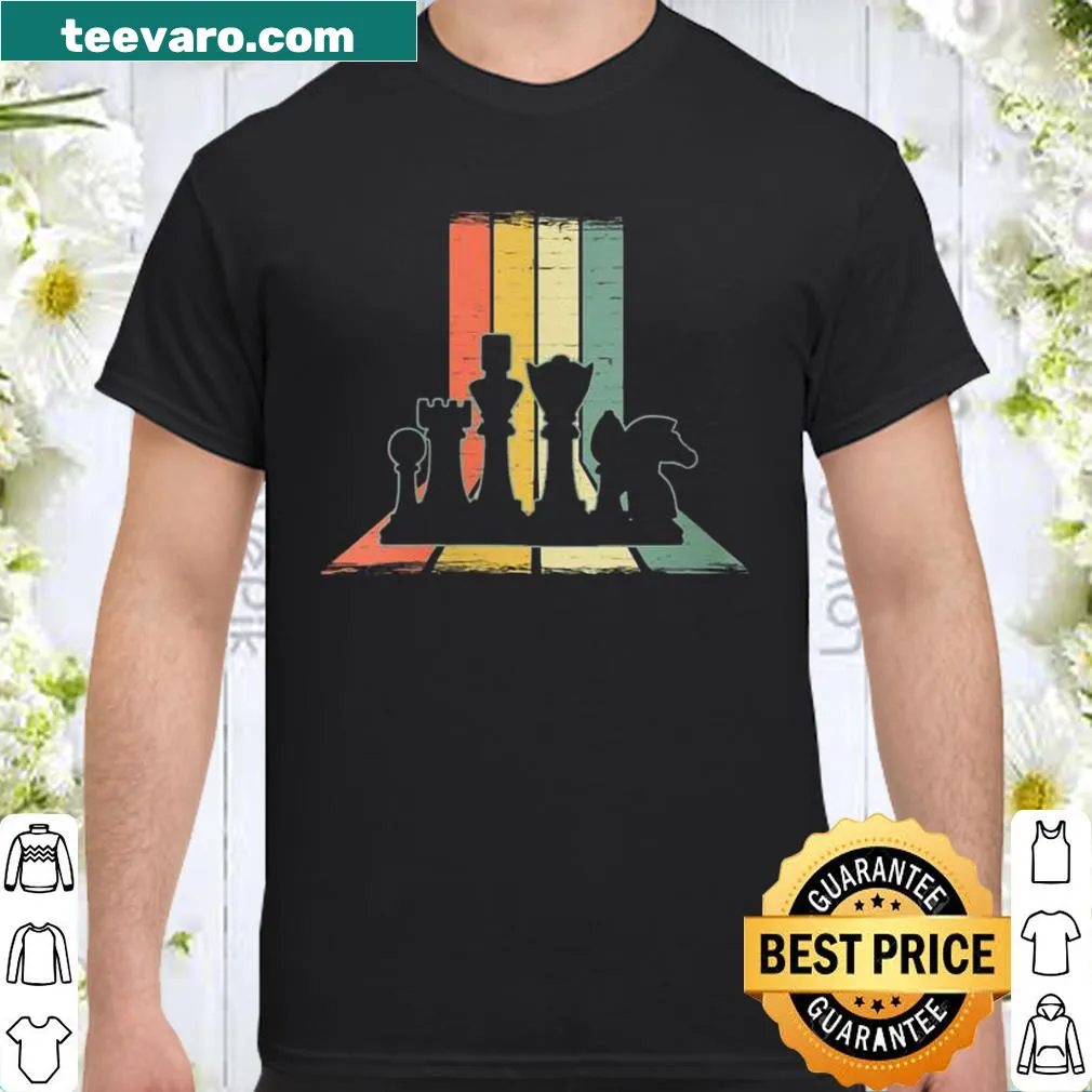 Vintage-style shirt featuring retro chess pieces and sunset design