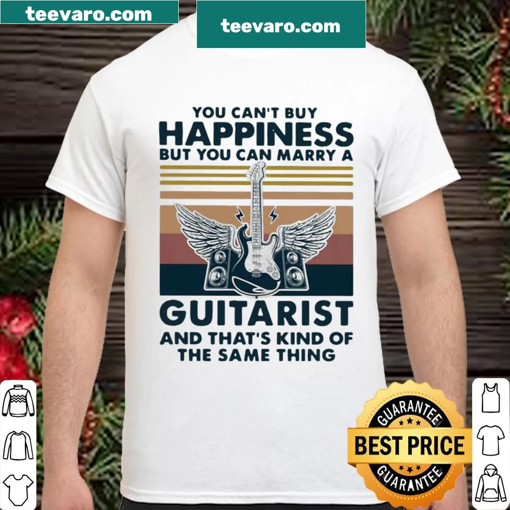 Vintage-style shirt with the saying about marrying a guitarist for happiness.