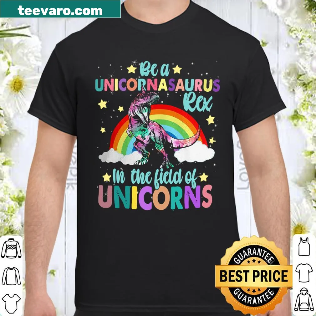 Whimsical shirt with a unicornasaurus rex in a fantasy setting