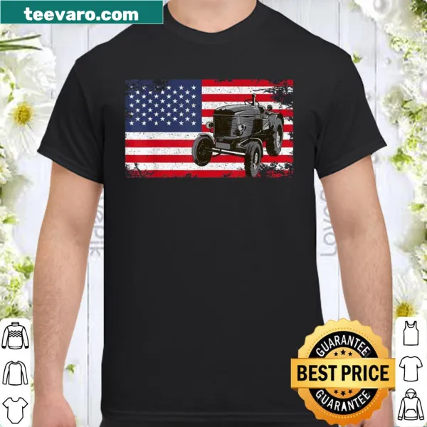 Vintage tractor graphic shirt with American flag for farmers.