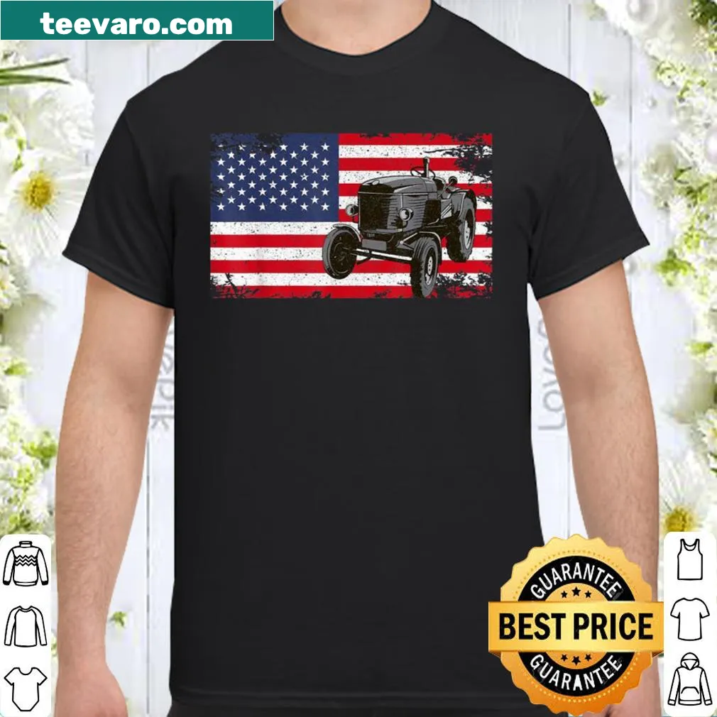 Vintage tractor graphic shirt with American flag for farmers.
