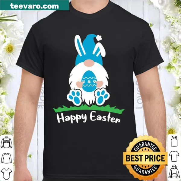 Easter-themed shirt with a blue gnome and bunny cartoon design